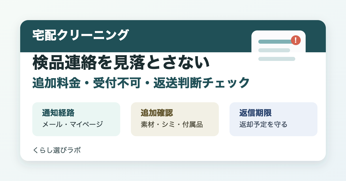 宅配クリーニングの検品連絡と追加料金確認を示すアイキャッチ画像