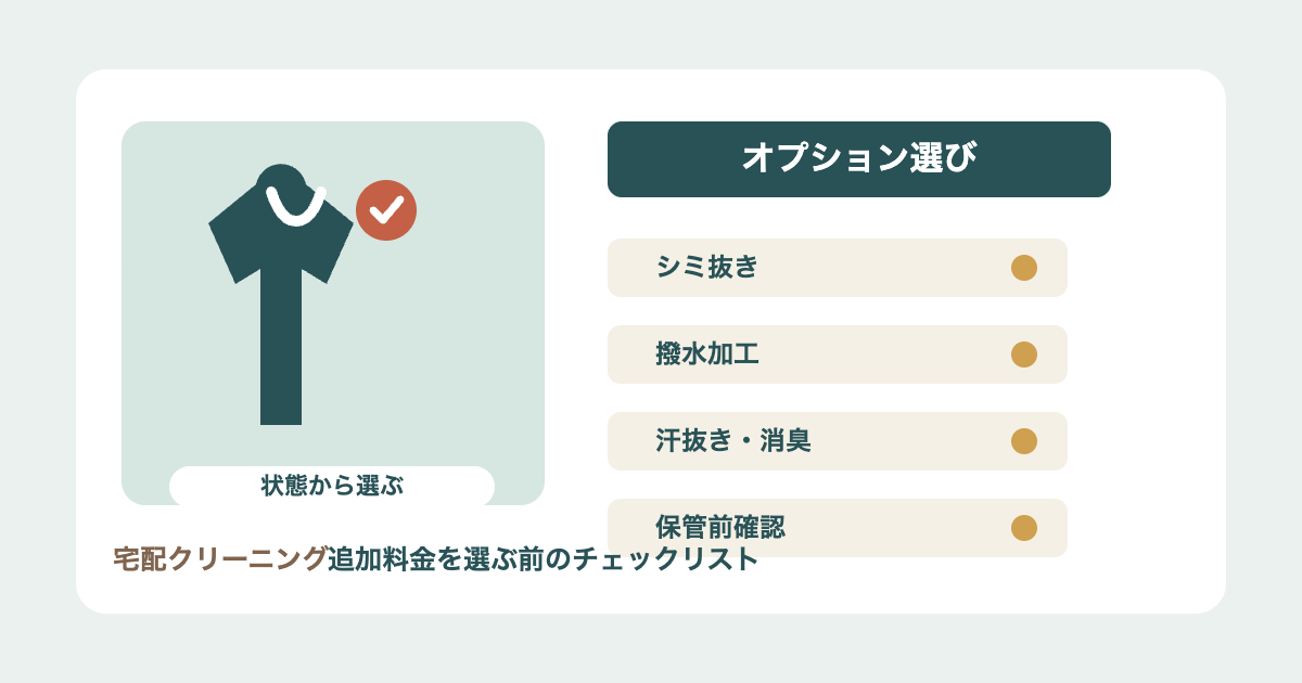 宅配クリーニングのシミ抜き、撥水、汗抜きなどのオプション選びチェックリスト