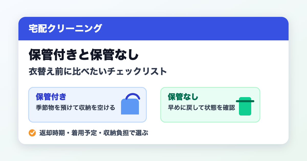 宅配クリーニングの保管付きと保管なしを比較し、返却時期と収納負担を確認するチェックリストのアイキャッチ画像