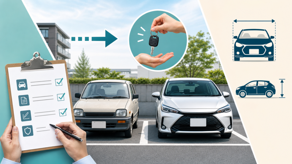 月極駐車場で車の買い替え手続きを確認するイメージ