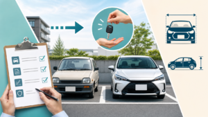 月極駐車場で車の買い替え手続きを確認するイメージ