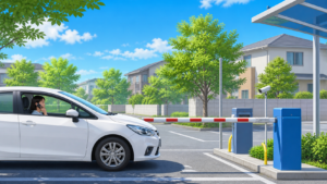 月極駐車場のゲート前で停止し管理会社へ連絡する様子