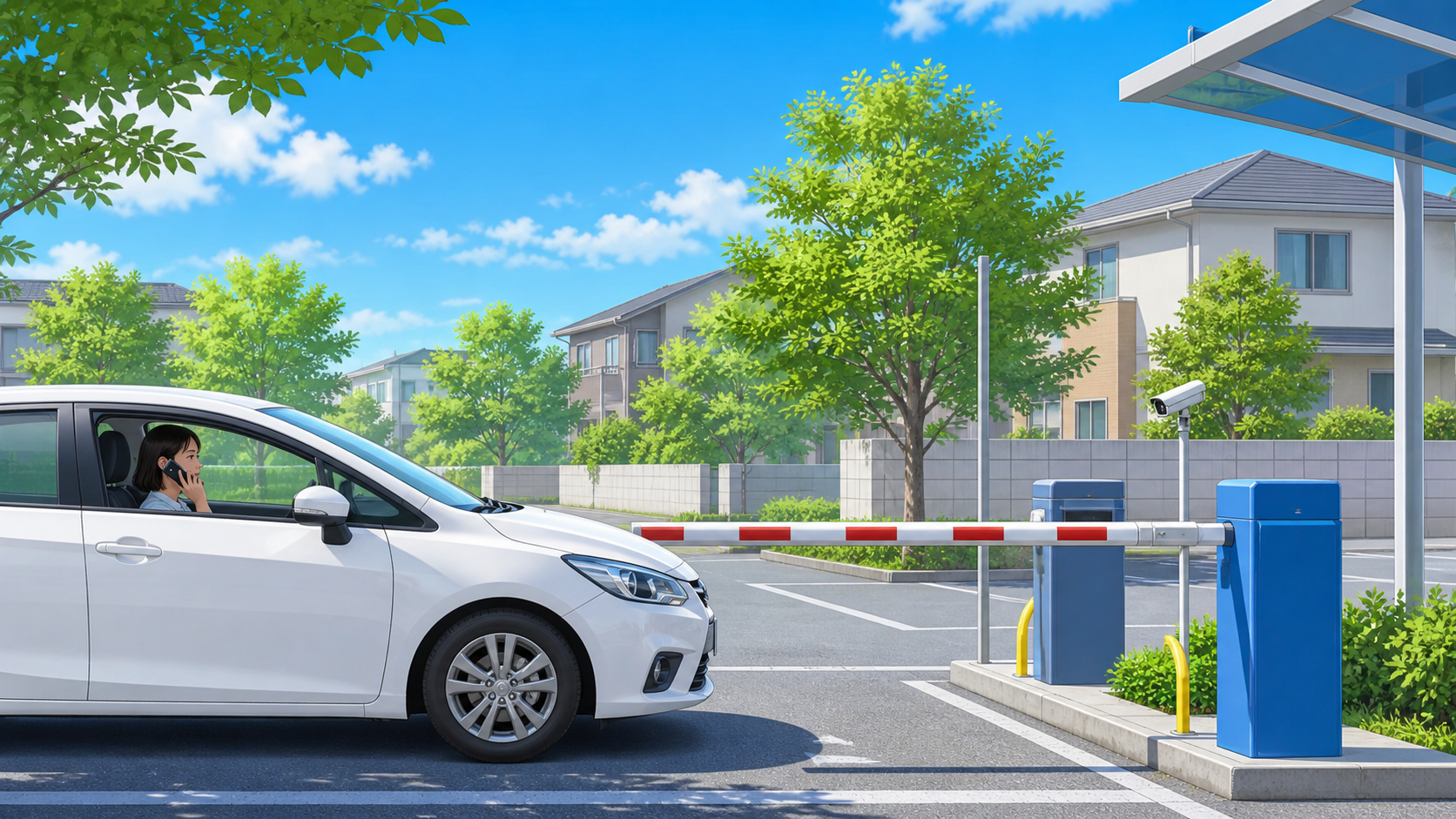 月極駐車場のゲート前で停止し管理会社へ連絡する様子