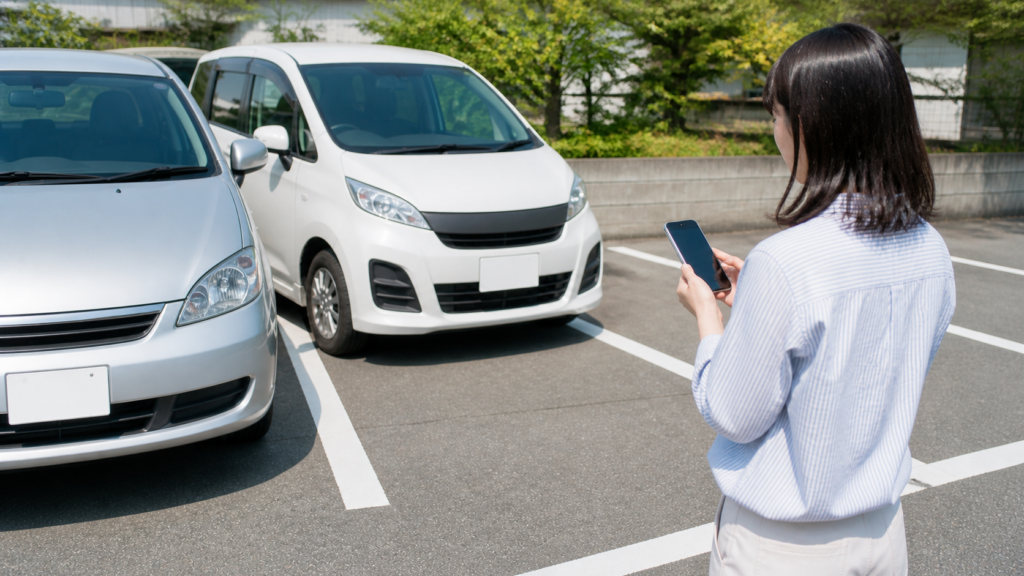 月極駐車場の区画線を越えた車を確認し管理会社へ連絡する利用者