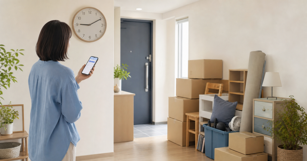 不用品回収の予約時間を過ぎ、時計とスマートフォンを確認する利用者