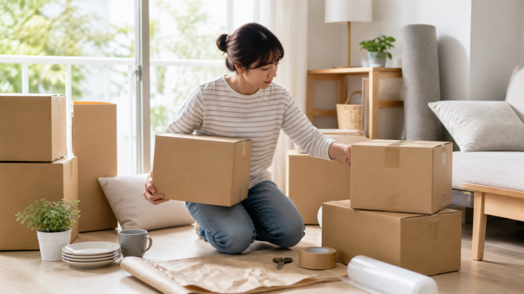 引っ越しの荷造り中に残りのダンボール数と未梱包の荷物を確認する利用者